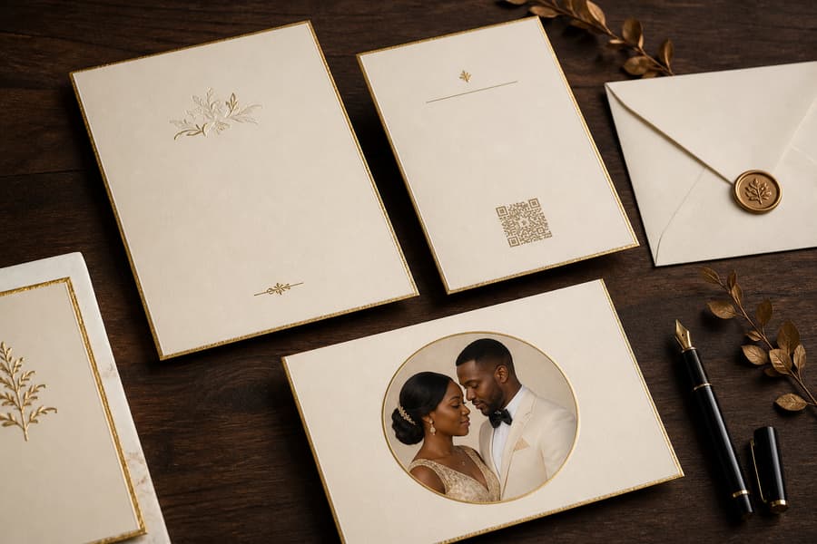 Cartons d’invitation imprimés, papier ivoire et or